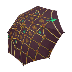Bee Divergence Gilded Ribs & Jade Stars- Auto & Semi Auto Foldable French Gothic Umbrella in Eggplant Wine | Le Leanian™
