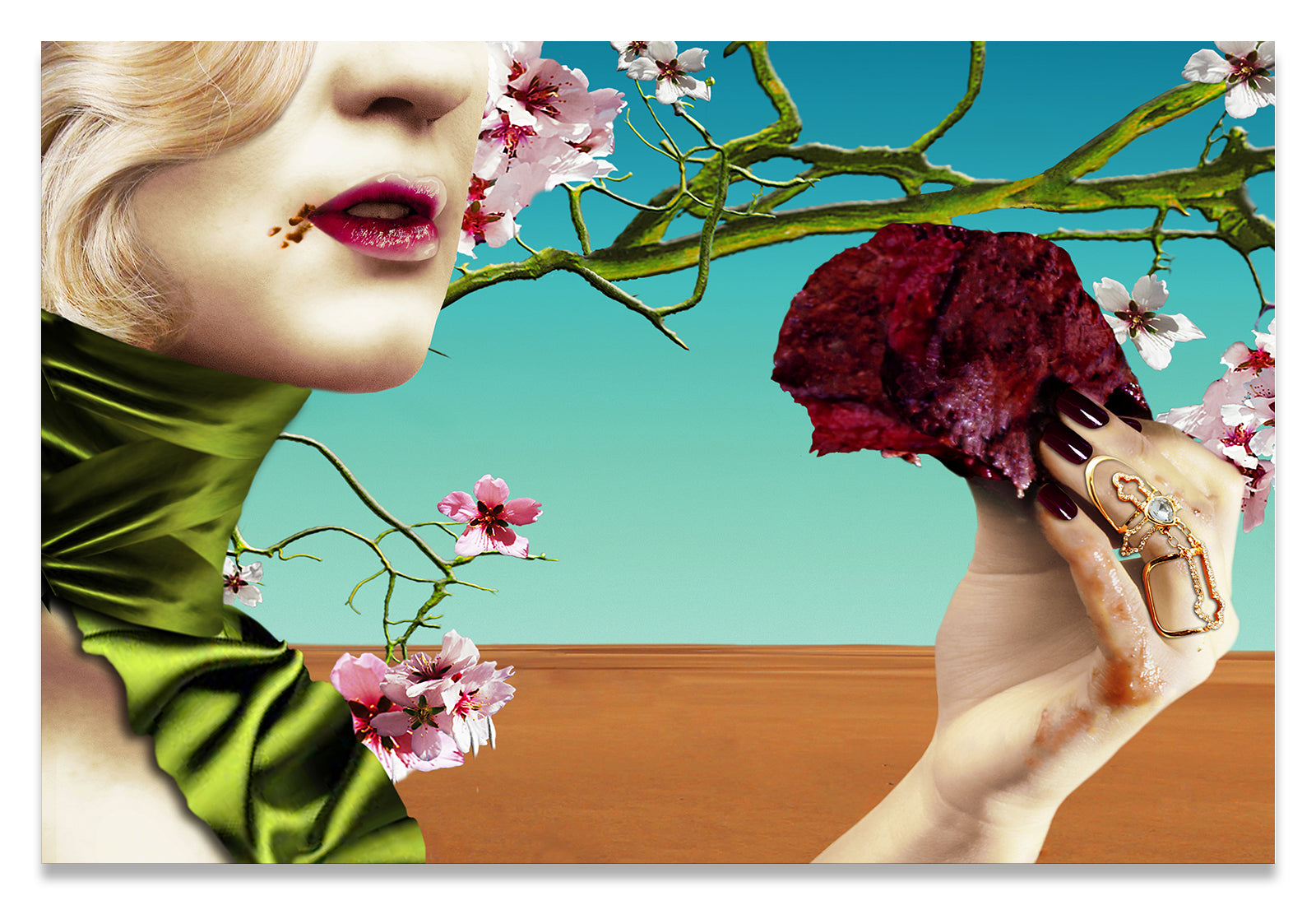 Surreal Portrait of Woman Eating a Steak Under Almond Blossoms in the Desert.