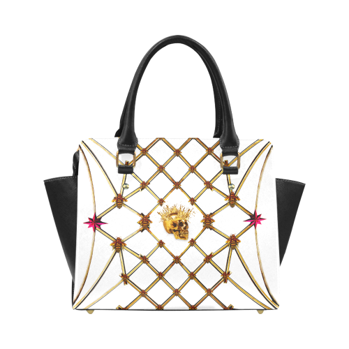 Skull and Honey Bee-Honeycomb Pattern-Magenta Stars- Classic Satchel Hand Bag in Color White