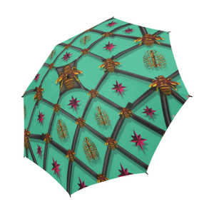 Bee Divergent Ribs & Magenta Stars- Semi Auto Foldable French Gothic Umbrella in Bold Pastel Jade | Le Leanian™