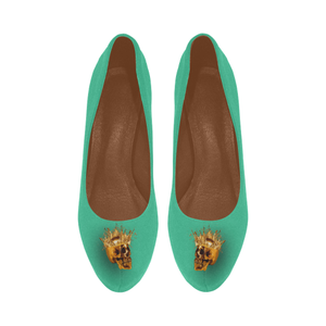 Dripping in Gold Skull & Cross- Women's French Gothic Heels in Bold Jade Teal-Peep Heel | Le Leanian™