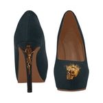 Women's Crucifix and Skull High Heel Shoes- in Color Midnight Teal, Navy BLUE