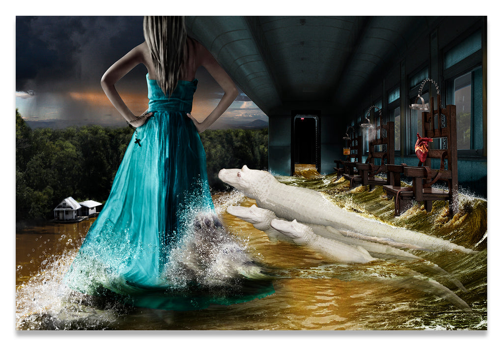 Surreal Portrait of a Woman Overlooking a Louisiana Bayou Surrounded by Albino Alligators.