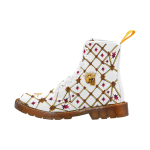 Golden Skull & Magenta Stars- Women's French Gothic Combat  Boots in White on White | Le Leanian™