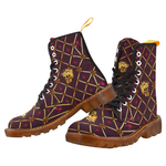 Women's Gold Skull and Magenta Stars- Marten Boots- Lace-Up Combat Boots in Color Eggplant Wine, Purple, Wine Red