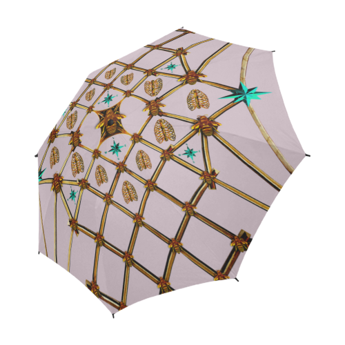 Bee Divergence Gilded Ribs & Teal Stars- Semi & Auto Foldable French Gothic Umbrella in Nouveau Blush Taupe | Le Leanian™
