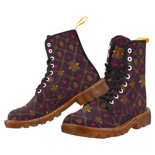 Women's Marten Style Military Boot- BEE RIBS STAR Pattern-Color EGGPLANT WINE, WINE RED, BLOOD PURPLE