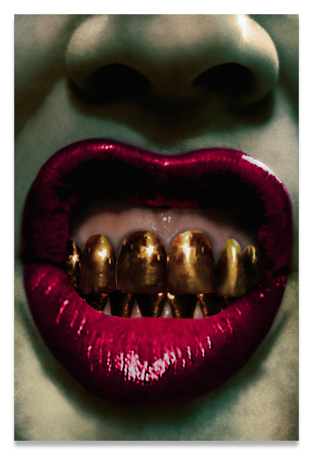 Surreal- Close Up of Crimson Red Lips with Solid Gold Teeth in an Energetic Expression-on metal-aluminum