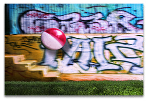 A Colorful Beachball in Mid Air Against a Graffiti Background at Griffith Park-Los Angeles-Metal Print-Aluminum