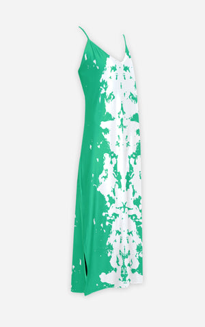 Ink Blot Reverse- 100% Silk Satin French Gothic V Neck Slip Dress in Bold Jade Teal | Le Leanian™