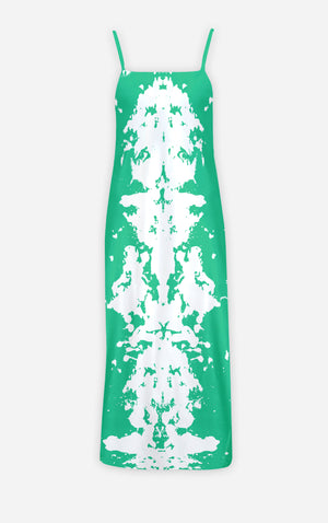 Ink Blot Reverse- 100% Silk Satin French Gothic V Neck Slip Dress in Bold Jade Teal | Le Leanian™