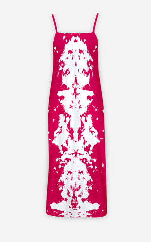 Ink Blot Reverse- 100% Silk Satin French Gothic V Neck Slip Dress in Bold Fuchsia | Le Leanian™