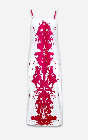 Ink Blot- 100% Silk Satin French Gothic V Neck Slip Dress in Bold Fuchsia | Le Leanian™