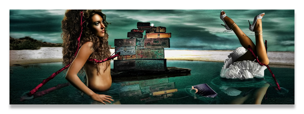 Louii Vuitton vs Salvador Dali- Disjointed Woman Floating in Water with Red Crutches and Surreal Clouds-Fine Art Print