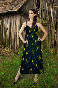 V Neck Slip Dress- Green Sparrow, Bird on a Wire Pattern- Color in Midnight Teal, Navy Blue, Blue