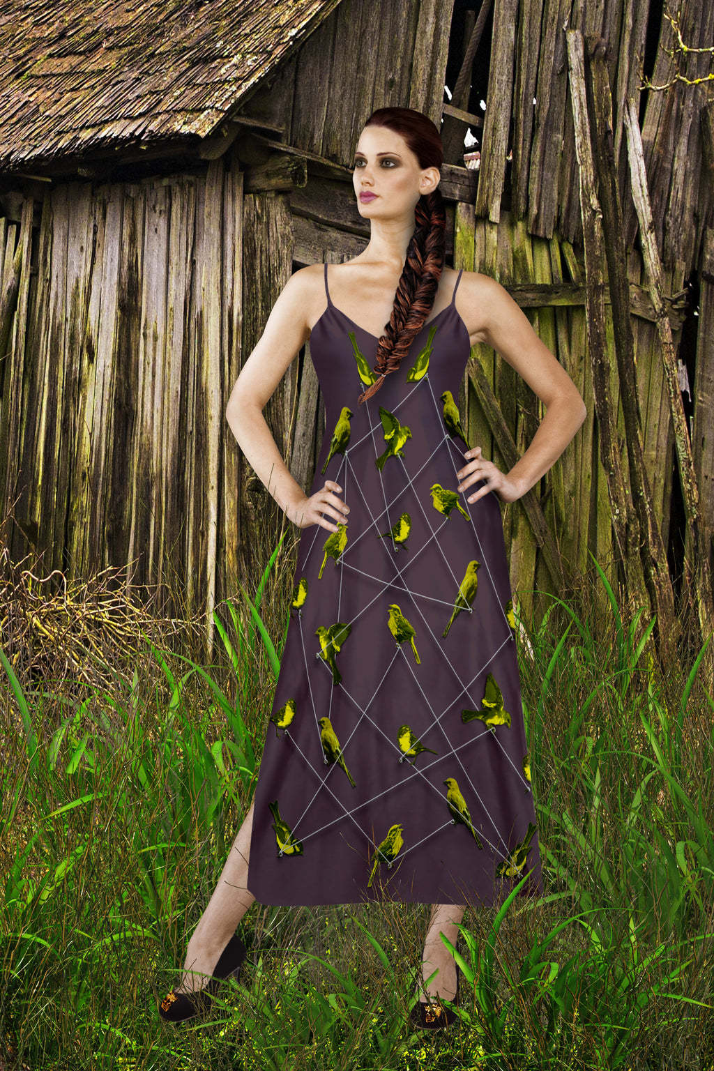 V Neck Slip Dress- Green Sparrow, Bird on a Wire Pattern- Color in Muted Eggplant Wine, Purple, Neutral Purple