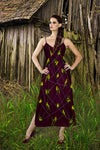 V Neck Slip Dress- Green Sparrow, Bird on a Wire Pattern- Color in Eggplant Wine, Wine Red, Blood Purple