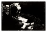 Horizontal Black and White Portrait, on Polaroid 55, of a nude, metallic mannequin torso with a Ship Hat and Feather Headpiece along the side of the Head- Fine Art Print