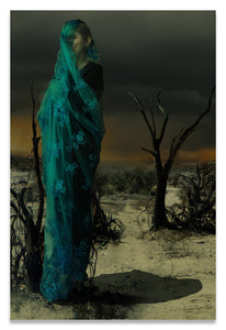 Mother wrapped in Byzantine Blue Lace in a Barren Apocalyptic Landscape- Metal Print-Aluminum Print