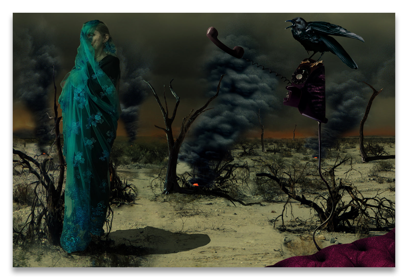 Mother Wrapped in Byzantine Blue Lace Fabric in an Apocalyptic setting with Spot Fires in the Background and a Crow Perched on an Analog, off the hook, Phone-Metal Print-Aluminum Print