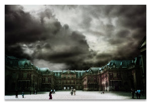 Palace Versailles Surreal Landscape with Sparse Visitors and Billowing Muted Storm Clouds-Metal Print-Aluminum Print