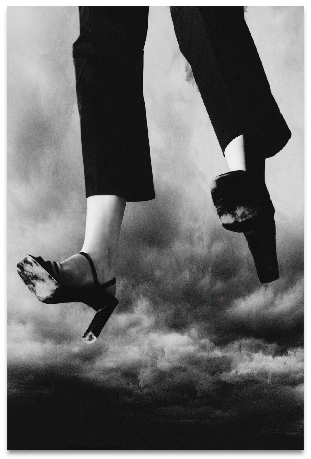Black & White Portrait of a Woman's Legs Flying Through Stormy Skies- Fine Art Print