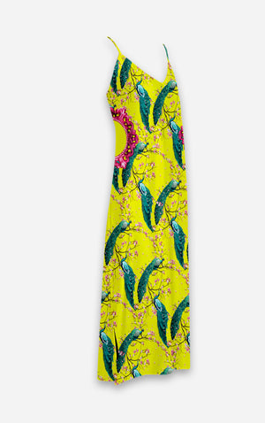 Peacock Ring Master- French Gothic V Neck Slip Dress in Chartreuse Yellow | Le Leanian™