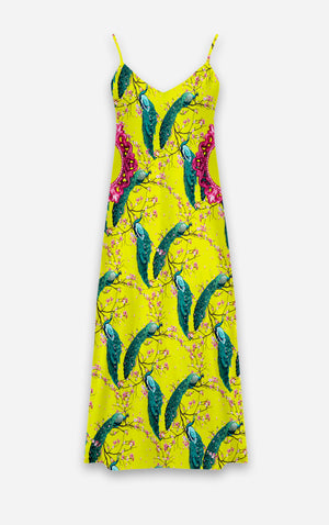 Peacock Ring Master- French Gothic V Neck Slip Dress in Chartreuse Yellow | Le Leanian™