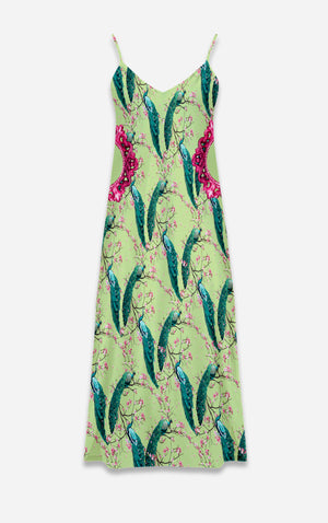 Peacock Ring Master- French Gothic V Neck Slip Dress on Silent Moss Green | Le Leanian™