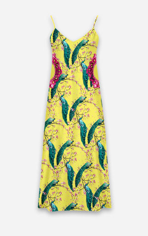 Peacock Ring Master- French Gothic V Neck Slip Dress in Mellow Yellow | Le Leanian™