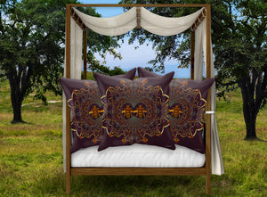 Baroque Honey Bee Extinction- French Gothic Satin & Suede Pillowcase in Muted Eggplant Wine | Le Leanian™