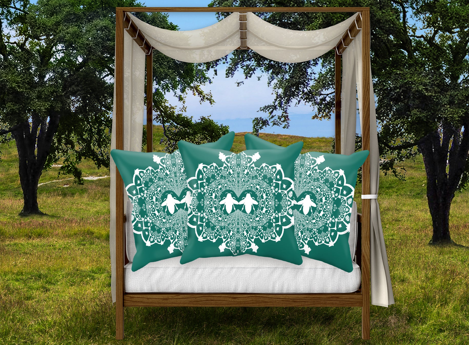 Baroque Honey BEE PATTERN-Pillowcase SET-Color JADE TEAL BLUE & WHITE