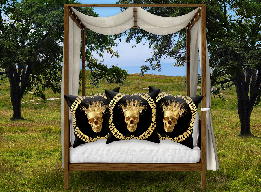 Satin and Suede Pillow Case-Cushion Cover-Gold SKULL-GOLD WREATH- Color BLACK