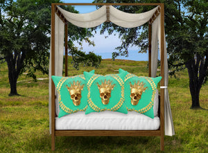 Satin and Suede Pillow Case-Cushion Cover-Gold SKULL-GOLD WREATH- Color BOLE JADE TEAL, TEAL GREEN