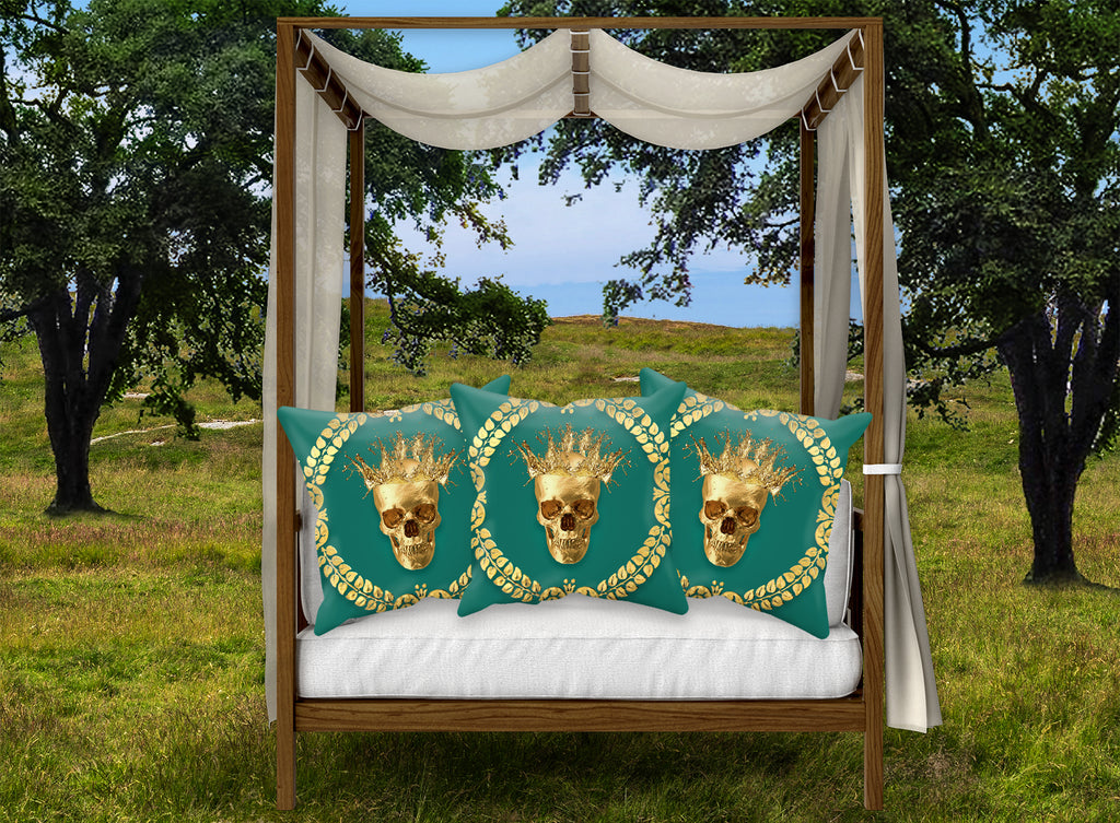 Satin and Suede Pillow Case-Cushion Cover-Gold SKULL-GOLD WREATH- Color JADE TEAL, BLUE GREEN