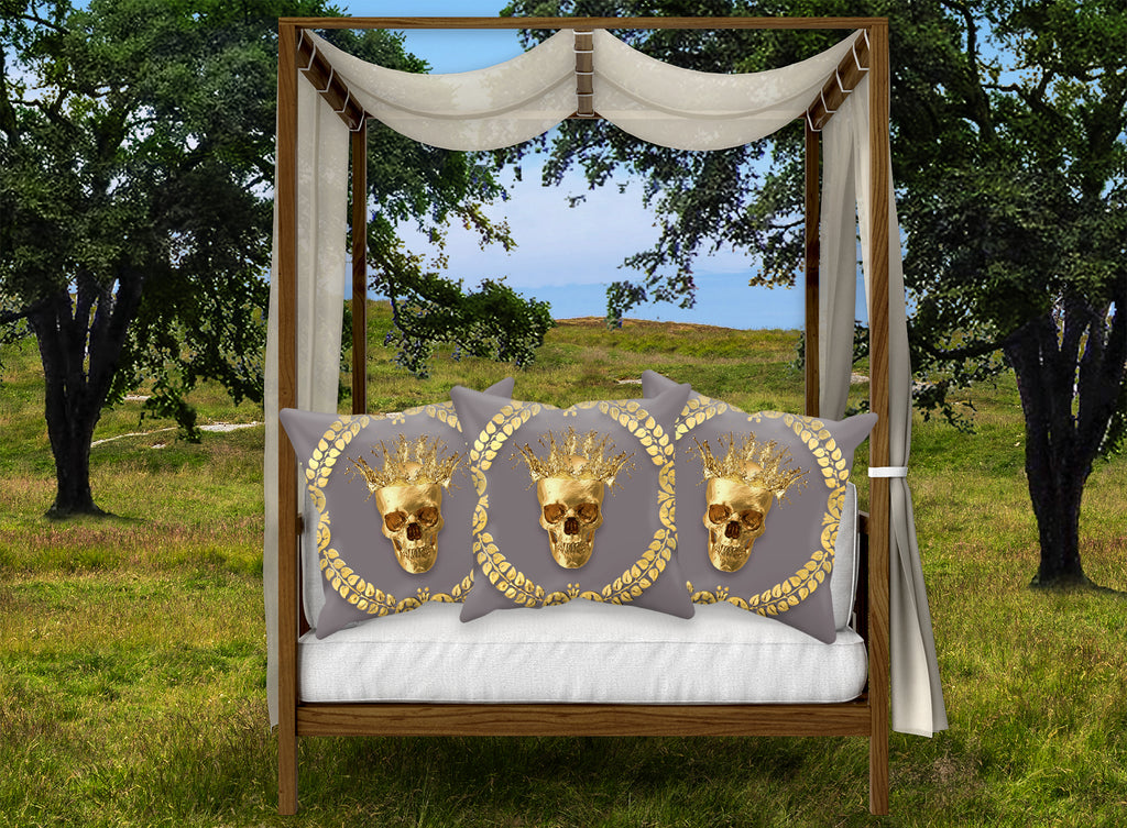 Caesar Gilded Skull- French Gothic Satin & Suede Pillowcase in Lavender Steel | Le Leanian™