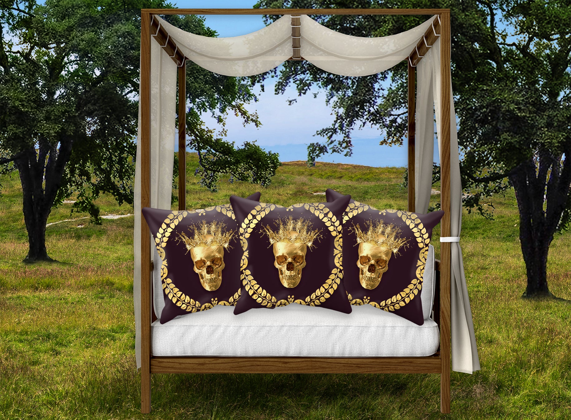 Caesar Gilded Skull- French Gothic Satin & Suede Pillowcase in Muted Eggplant Wine | Le Leanian™