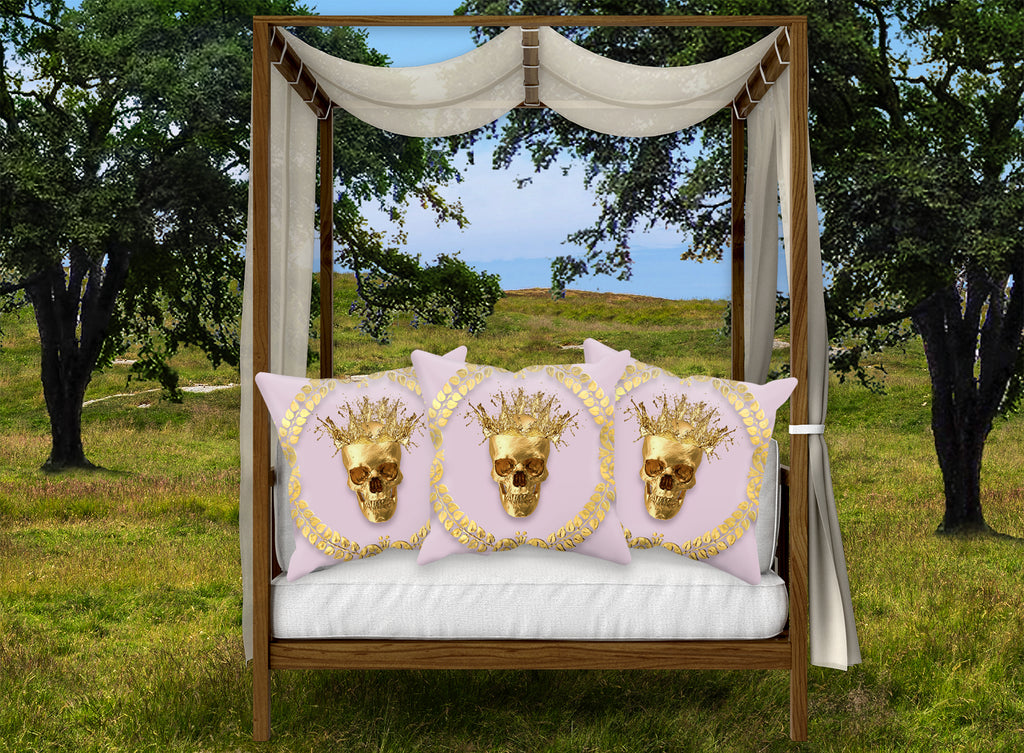 Satin and Suede Pillow Case-Cushion Cover-Gold SKULL-GOLD WREATH- Color PASTEL PINK