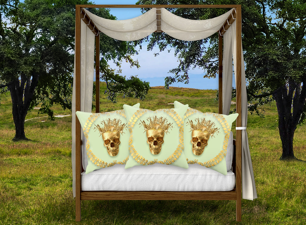 Satin and Suede Pillow Case-Cushion Cover-Gold SKULL-GOLD WREATH- Color PASTEL GREEN