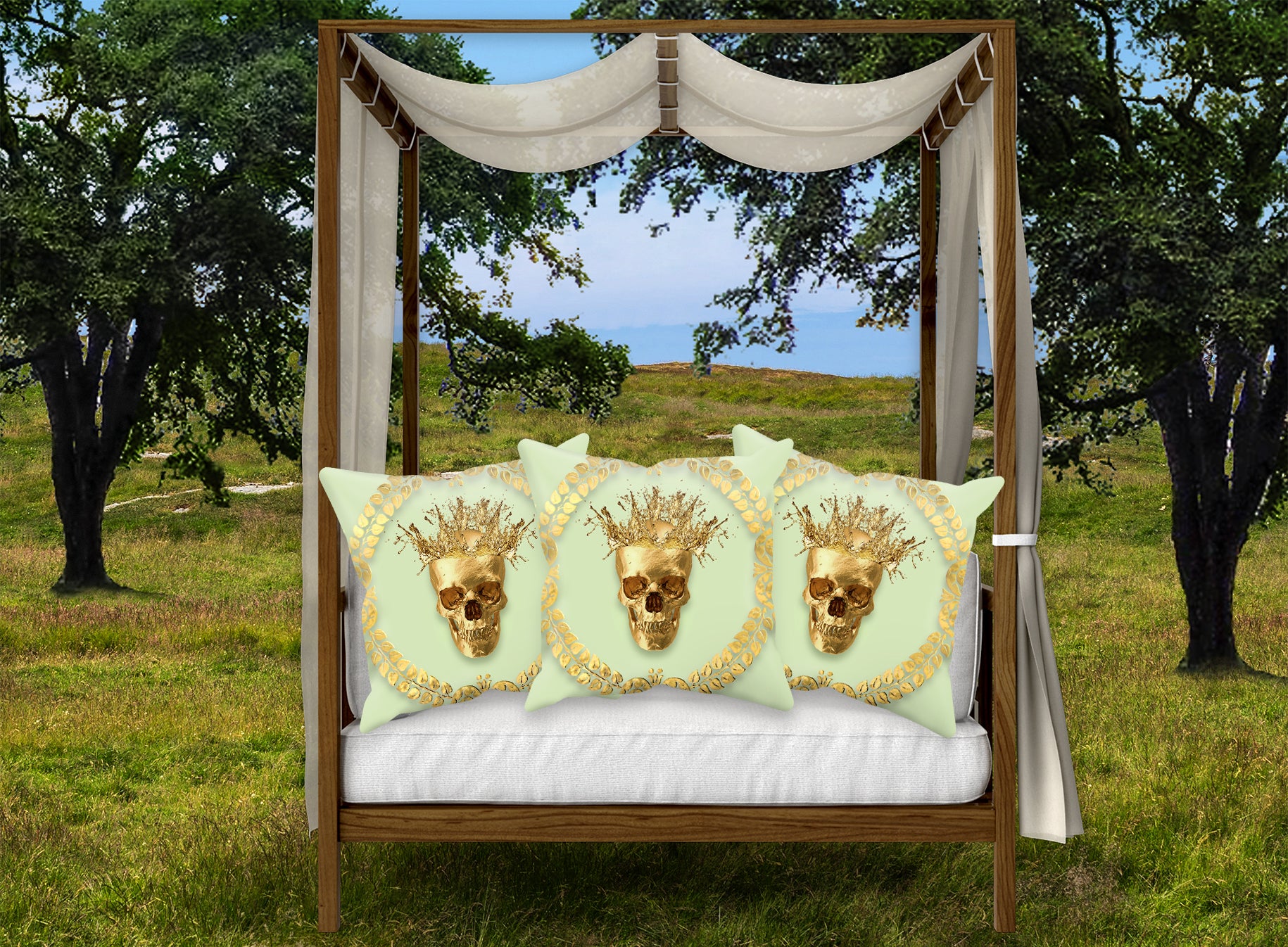 Gold Caesar Skull Pillowcase Set in Pastel Green