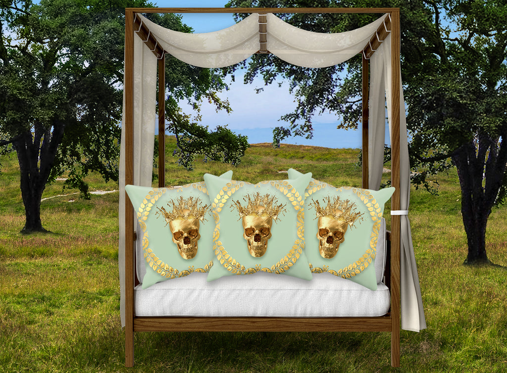 Gold Caesar Skull Pillowcase Set in Pastel Blue, Quails Egg Blue