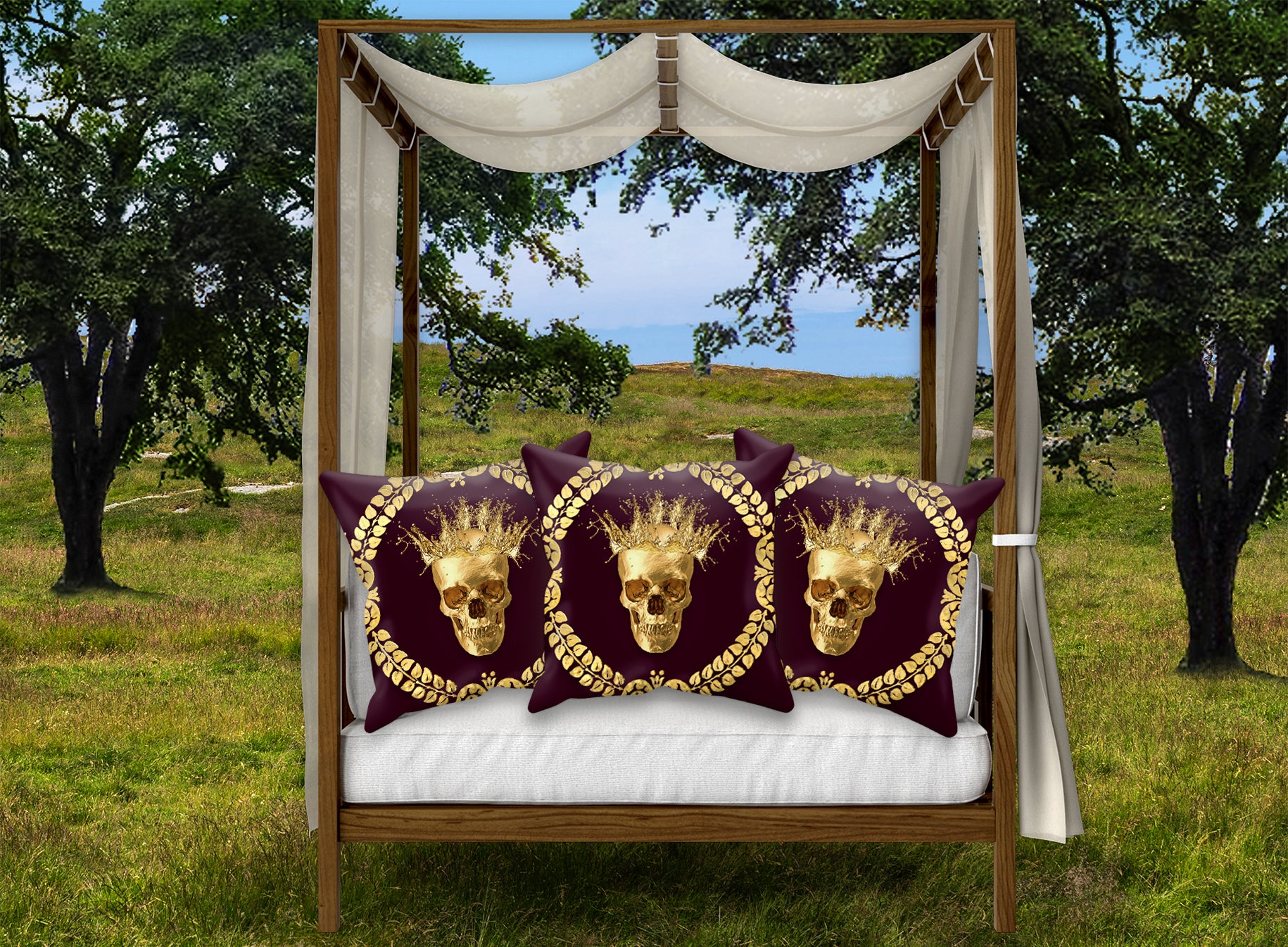 Satin and Suede Pillow Case-Cushion Cover-Gold SKULL-GOLD WREATH- Color EGGPLANT WINE, WINE RED, BURGUNDY, PURPLE