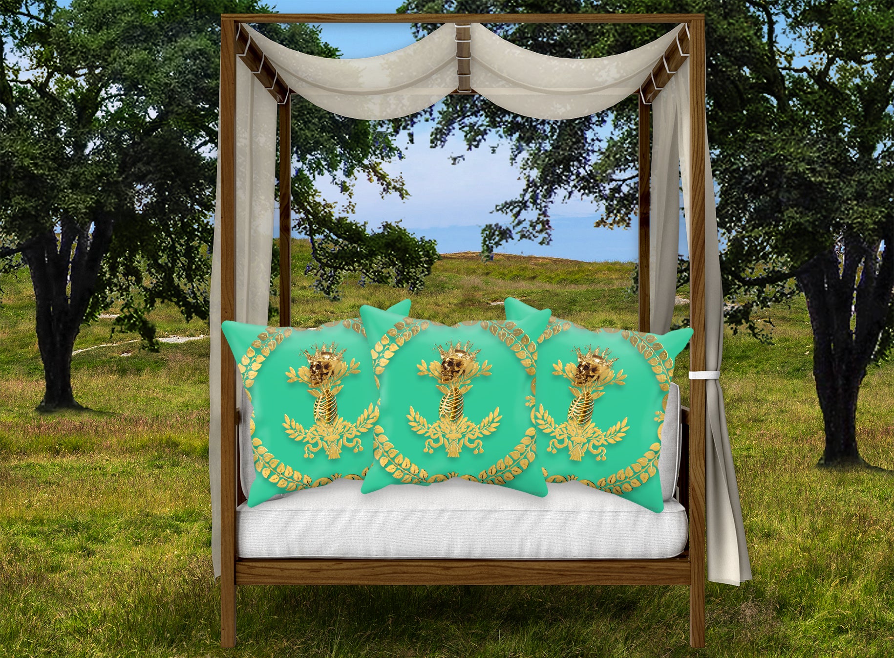 Caesar Skull Relief- French Gothic Satin & Suede Pillowcase in Bold Jade Teal | Le Leanian™