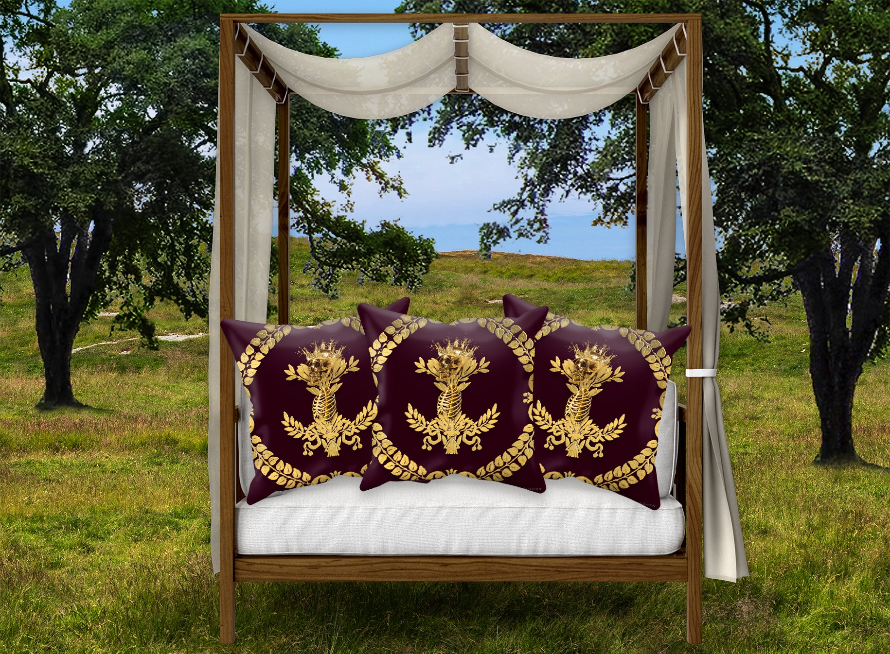 Satin & Suede Pillow Case-Cushion Cover-Gold WREATH-GOLD SKULL- Color EGGPLANT WINE, WINE RED, BURGUNDY, PURPLE