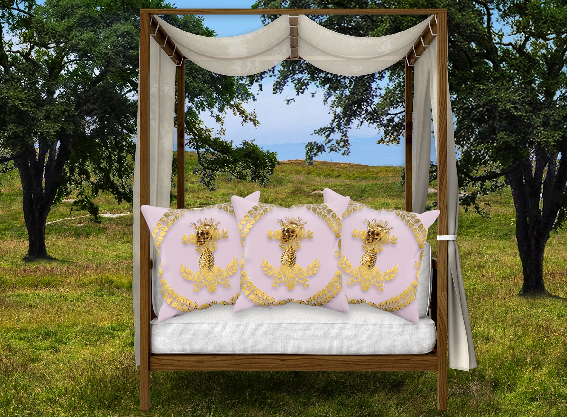 Satin & Suede Pillow Case-Cushion Cover-Gold WREATH-GOLD SKULL- Color PASTEL PINK