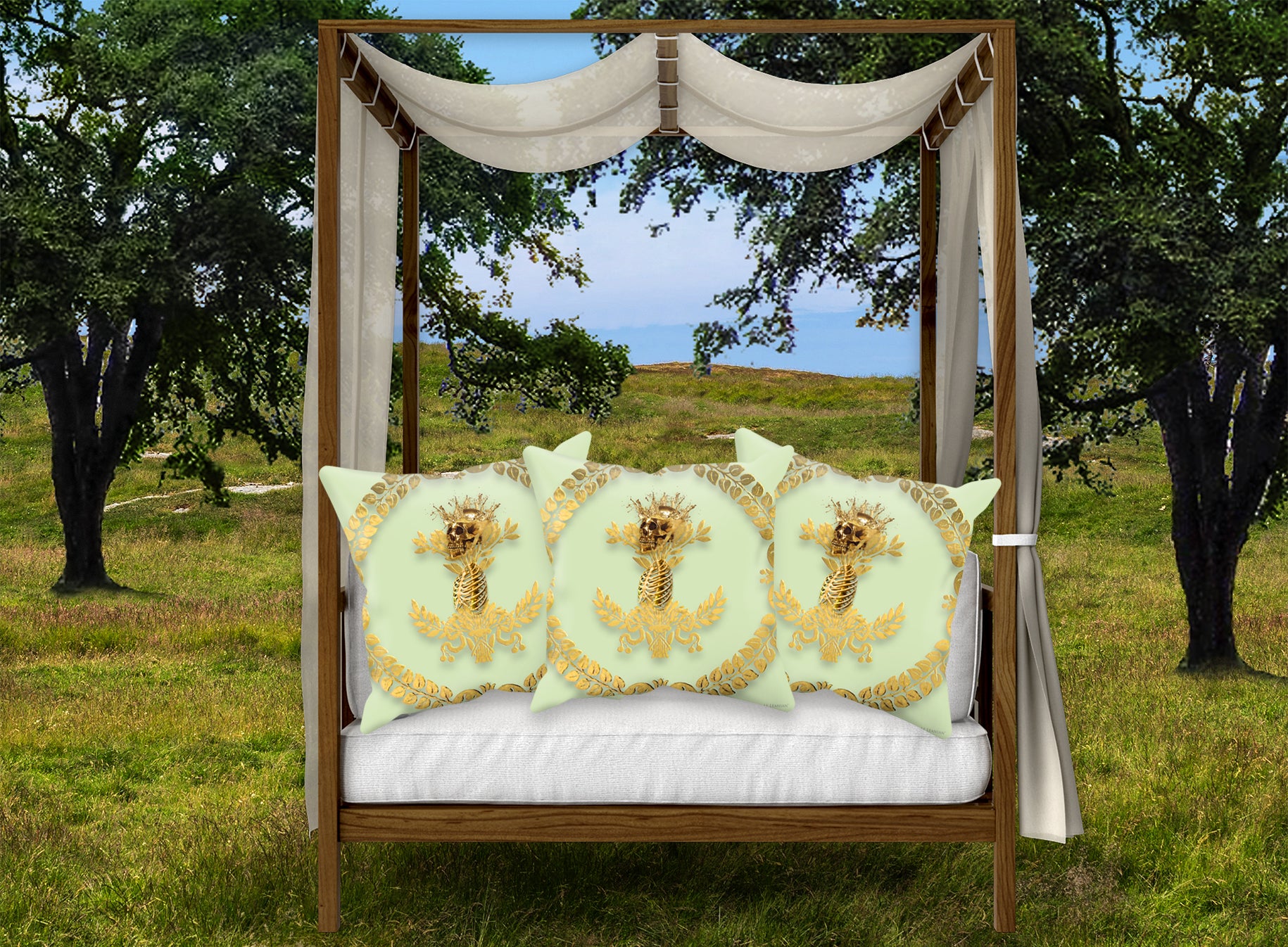 Caesar Skull Relief- French Gothic Satin & Suede Pillowcase in Pale Green | Le Leanian™