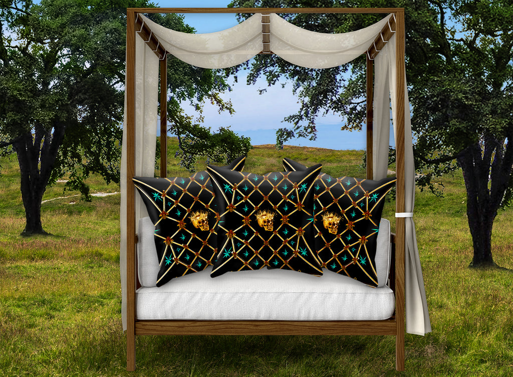 Golden Skull & Teal Stars- French Gothic Satin & Suede Pillowcase in Back to Black | Le Leanian™