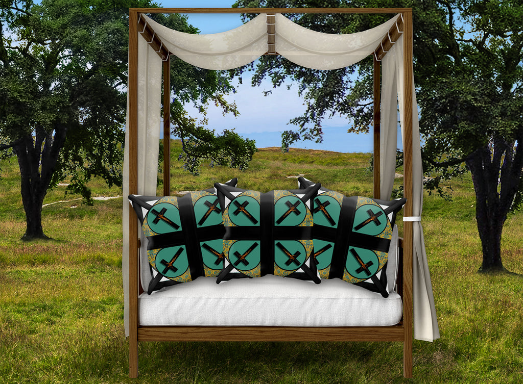 Crossroads Crucifix- French Gothic Satin & Suede Pillowcase in Jade Teal | Le Leanian™