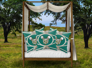 Versailles Divergence Skull Golden Whispers- French Gothic Satin & Suede Pillowcase in Jade Teal | Le Leanian™