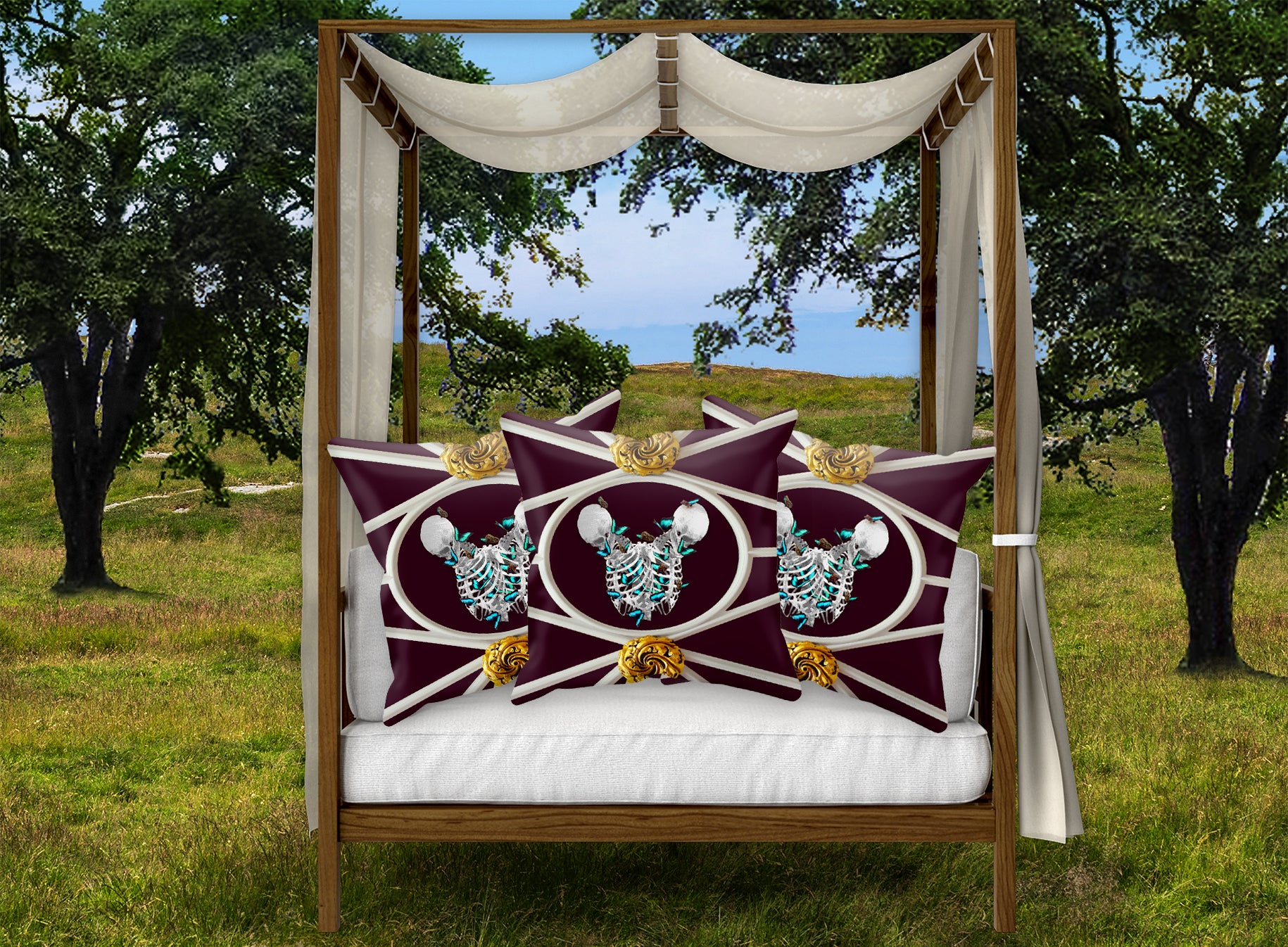 Versailles Siamese Skeletons with Teal Butterfly Rib Cage- in Muted Eggplant Red Wine Purple